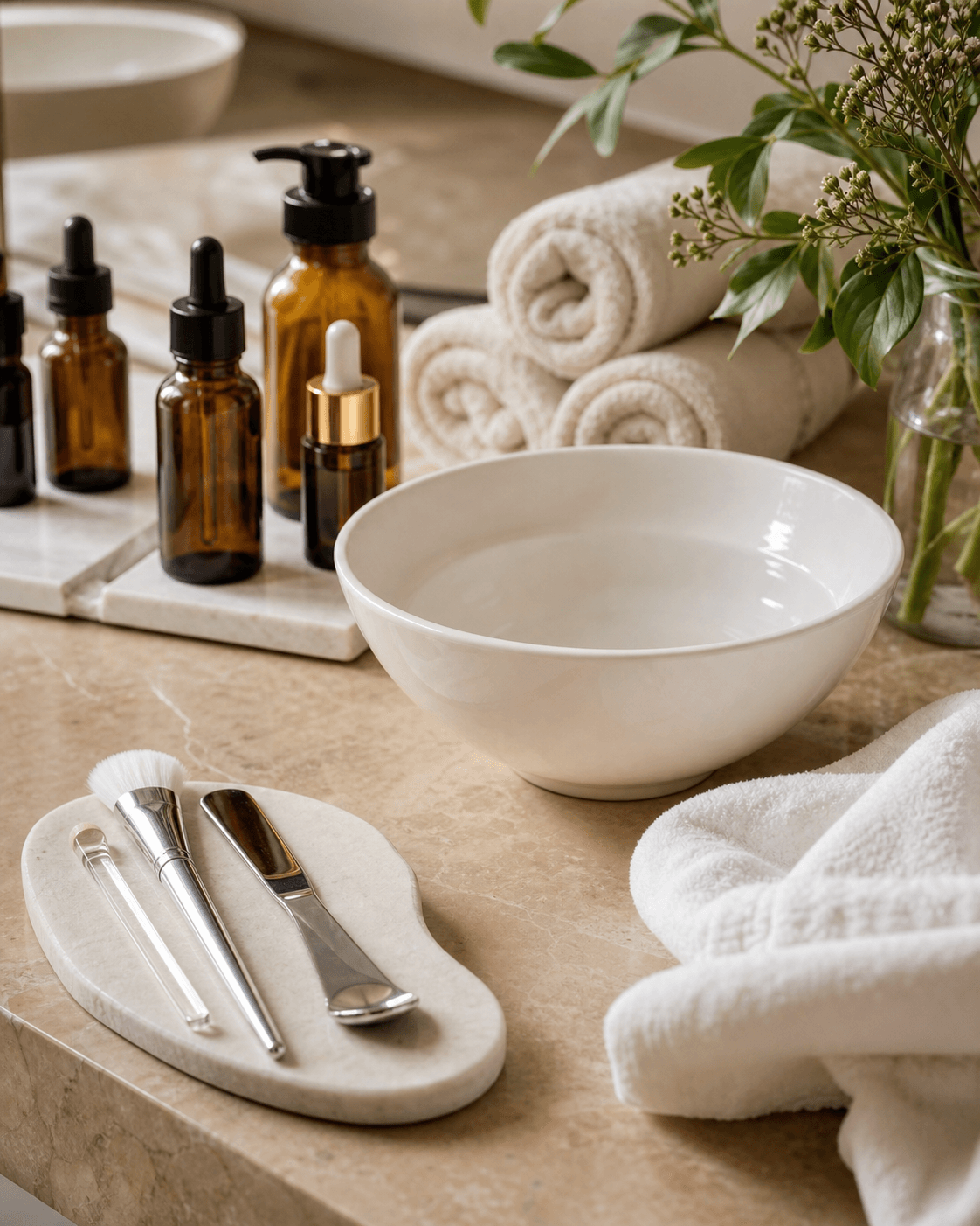 Skincare bottles, warm towels, a facial bowl, and esthetics tools arranged on a stone counter.